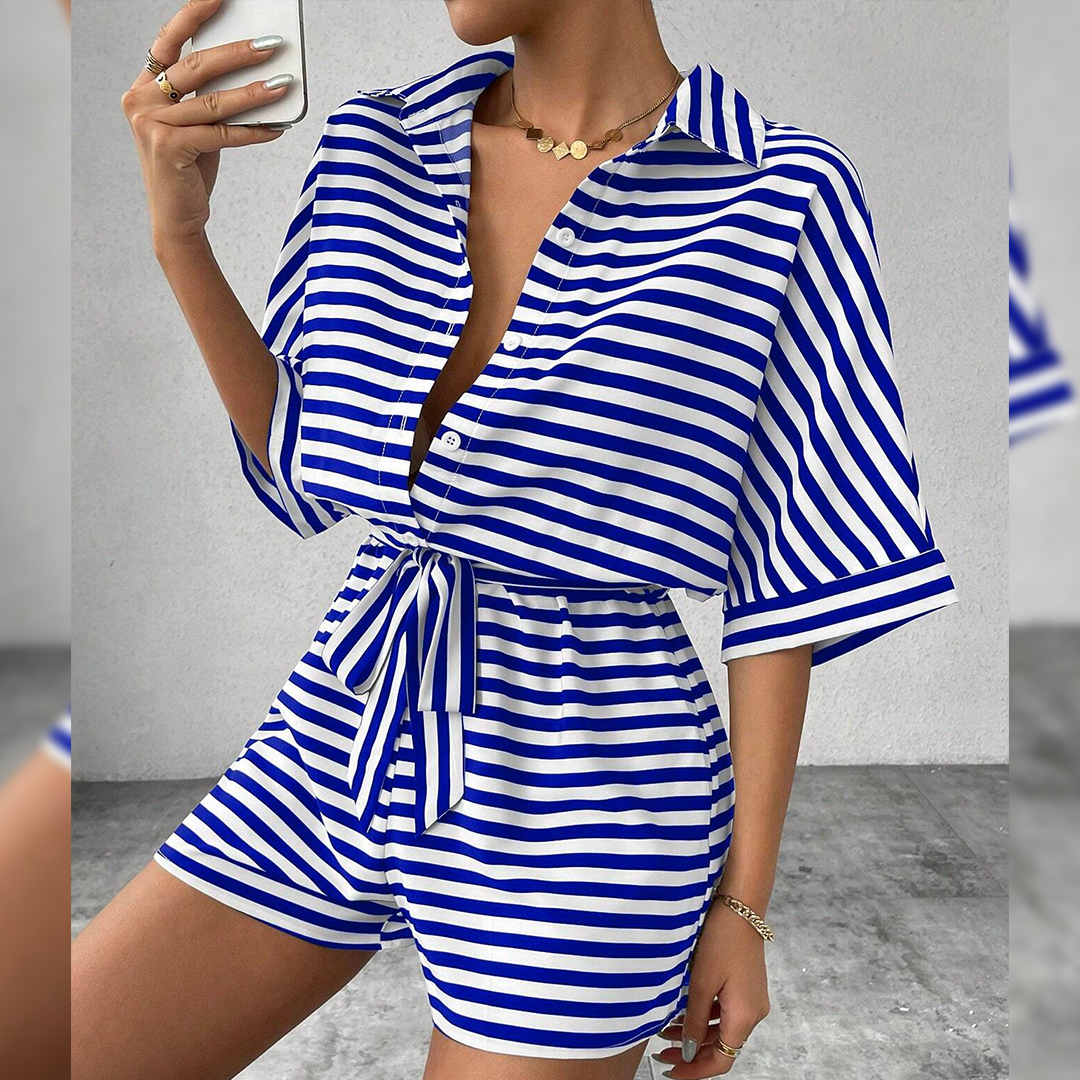 UNISHE - Wholesale Romper - Women's - Summer Striped Lapel Button-Up Belted Shorts Romper AXR12913