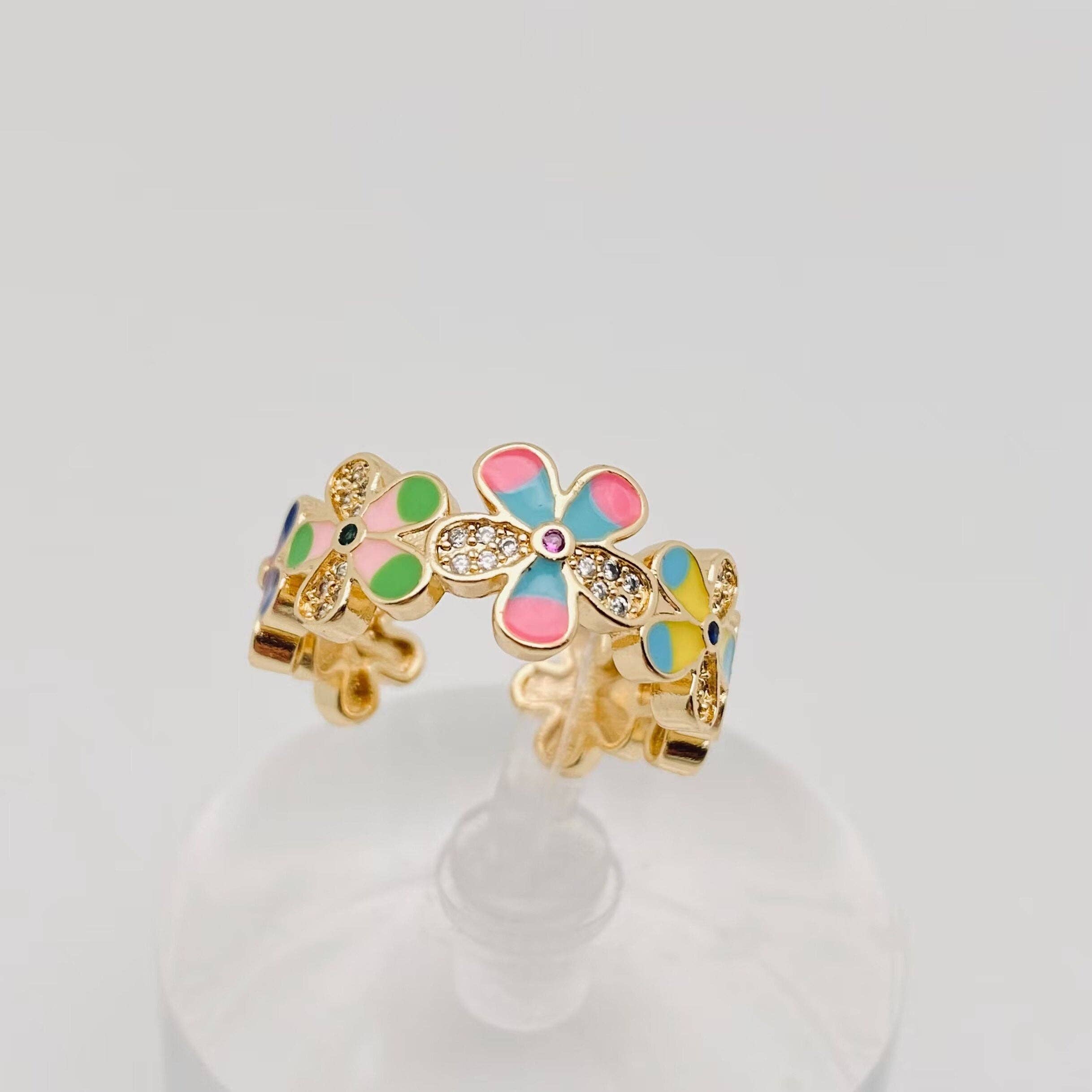 Mio Queena - Wholesale Cocktail/Statement Ring - Enamel Flower Gold Plated Adjustable Ring4