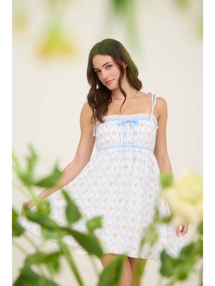 MINE - Wholesale Dress - Women's - FLORAL BOW PATTERN TIE STRAP MINI DRESS