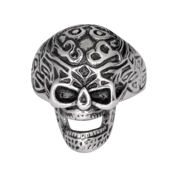 SK1021 Gents Tribal Tattoo Skull Ring Stainless Steel Motorcycle Biker Jewelry for wholesale by Heavy Metal Jewelry