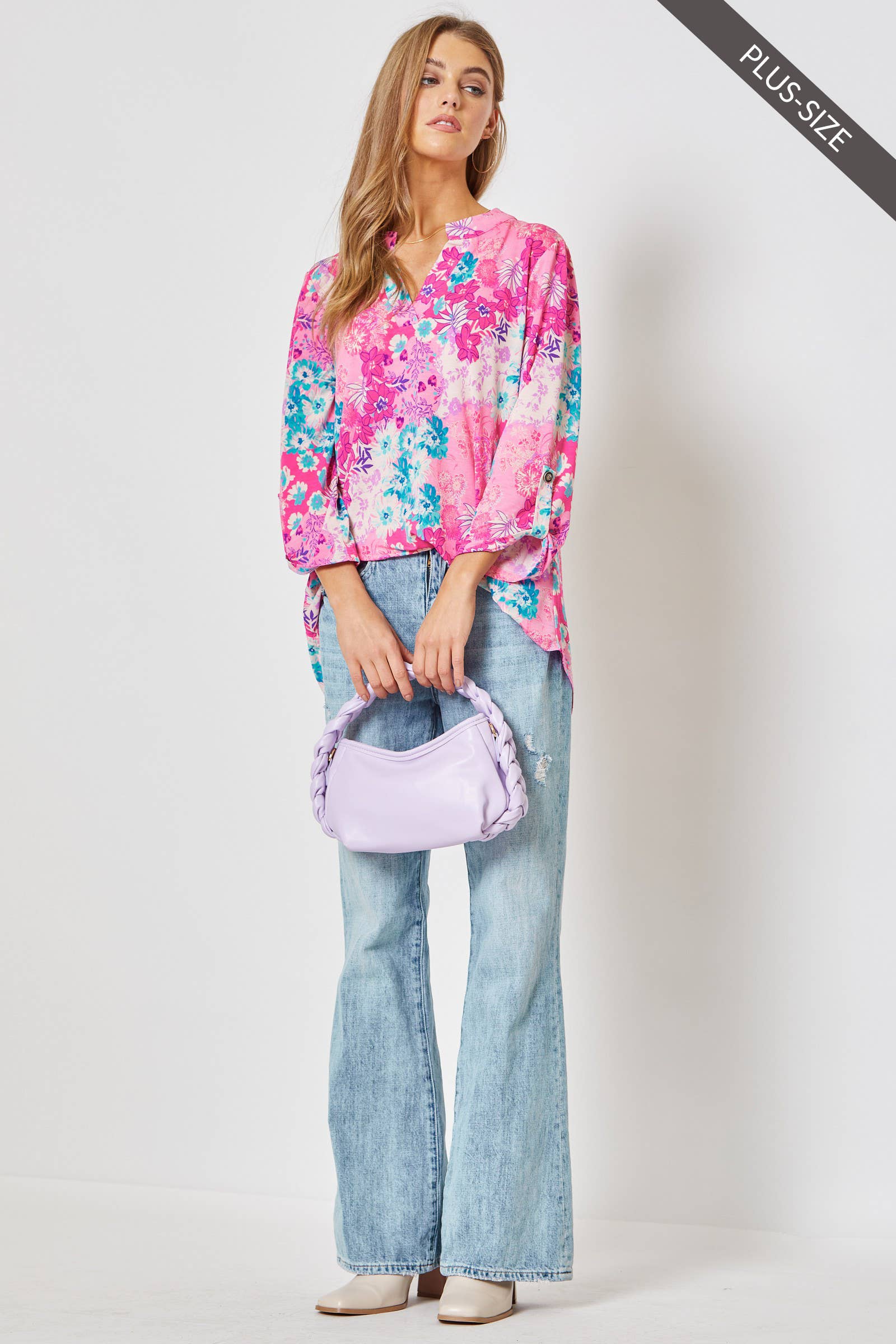 Rosa Top senza pieghe LIZZY con maniche a 3/4 PLUS SIZE in vendita all'ingrosso su Faire2