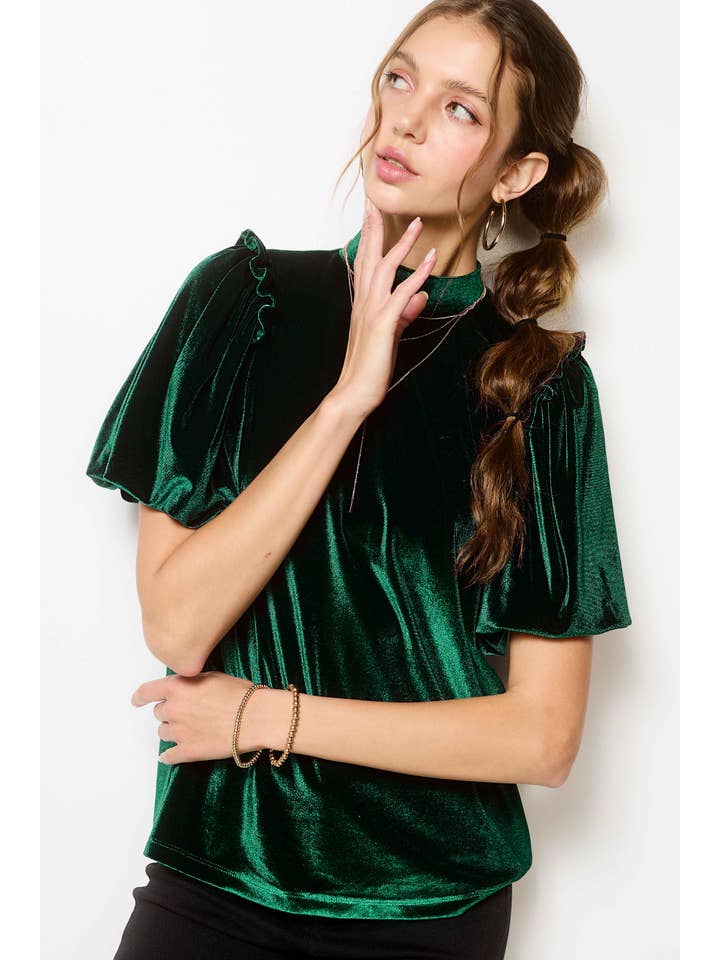 La Miel - Wholesale Blouse - Women's - HCT7681-Velvety Puff Fall Winter Short Sleeve Top