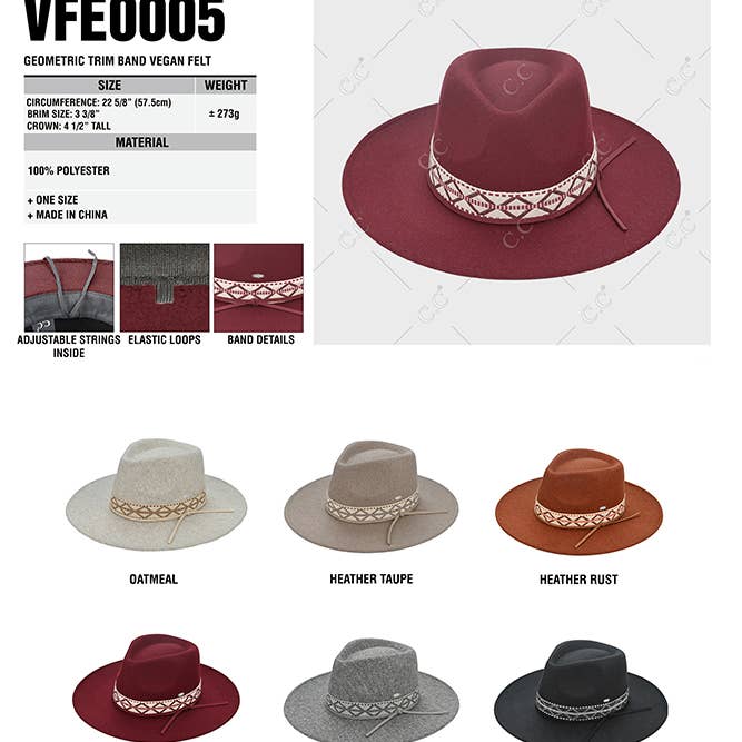 Hana - Wholesale Fedora - Women's - C.C Geometric Trim Band Vegan Felt Panama Hat2