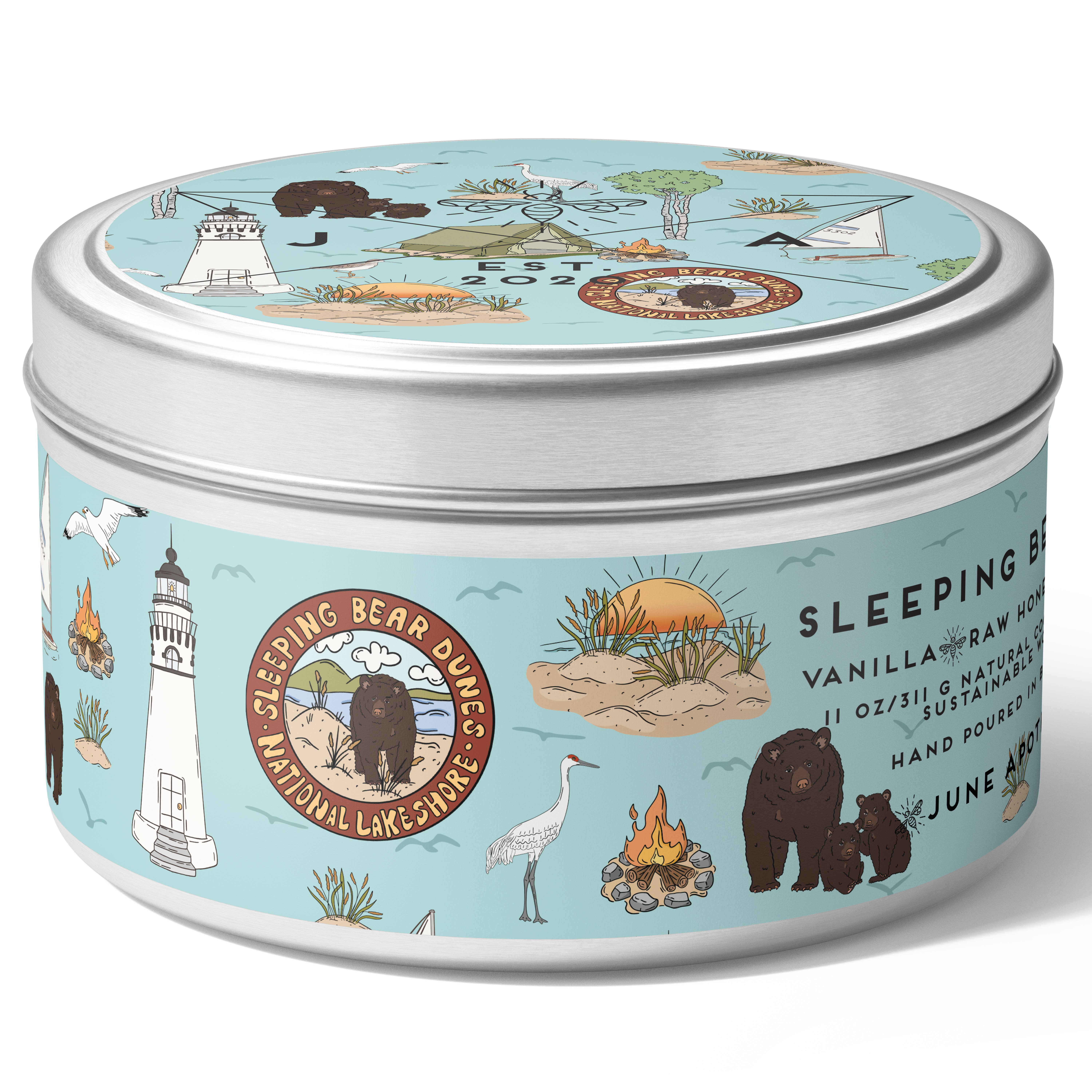 June Apothicarie – Engroshandel Rejsestearinlys – Sovende bjørneklitter træ væge 11 ounce Tin Candle - Michigan4