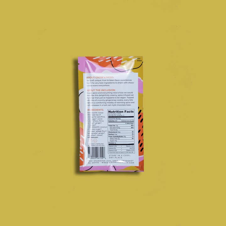 Crow & Moss Chocolate - Wholesale Chocolate Bar - Gingersnap Cookie + Oat Mylk Bar 40% - Case of 12