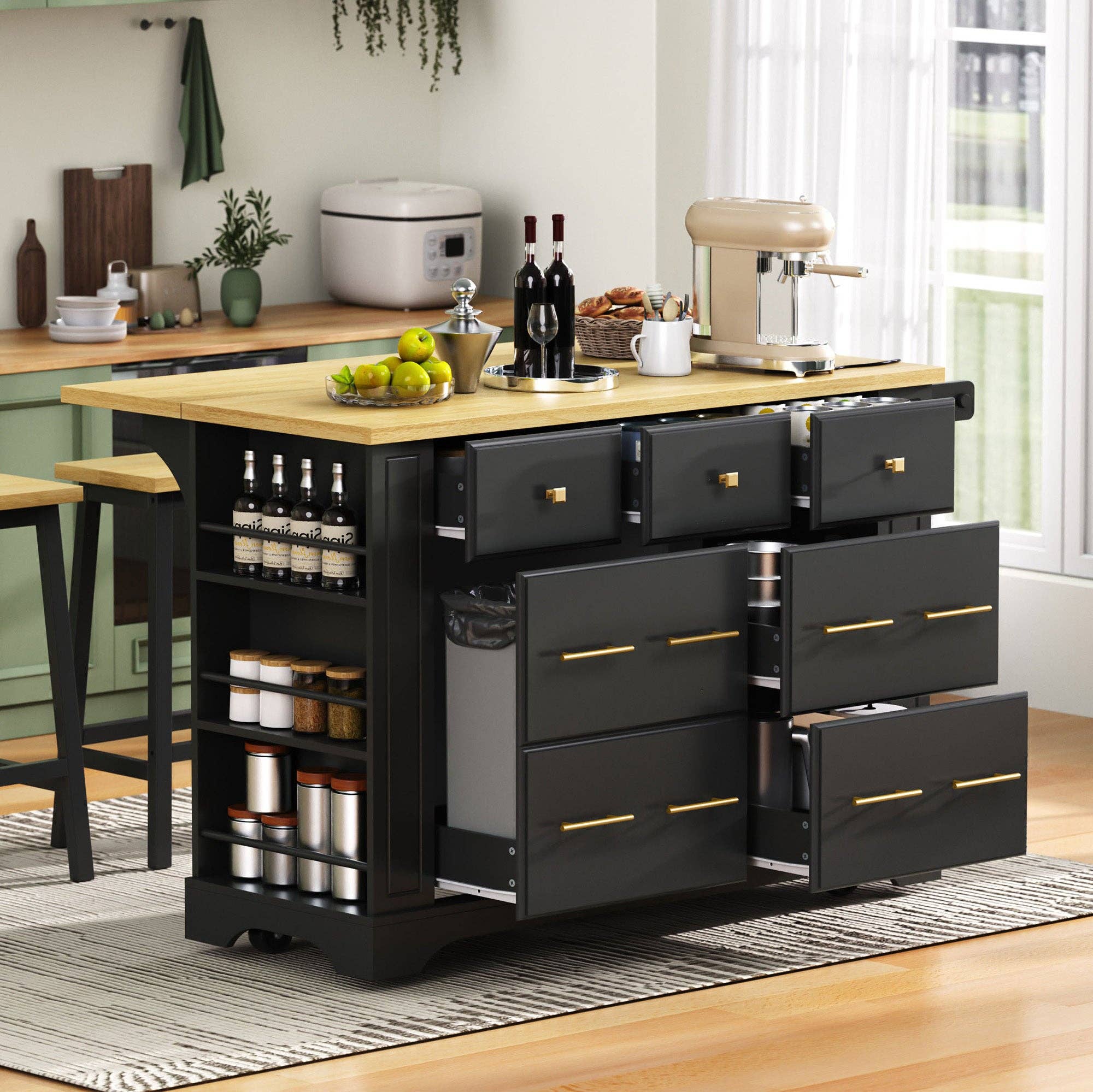 39F Inc. - Wholesale Kitchen Storage/Organizer - 51.2" Farmhouse Kitchen Island with 6 Drawers & Drop Leaf1