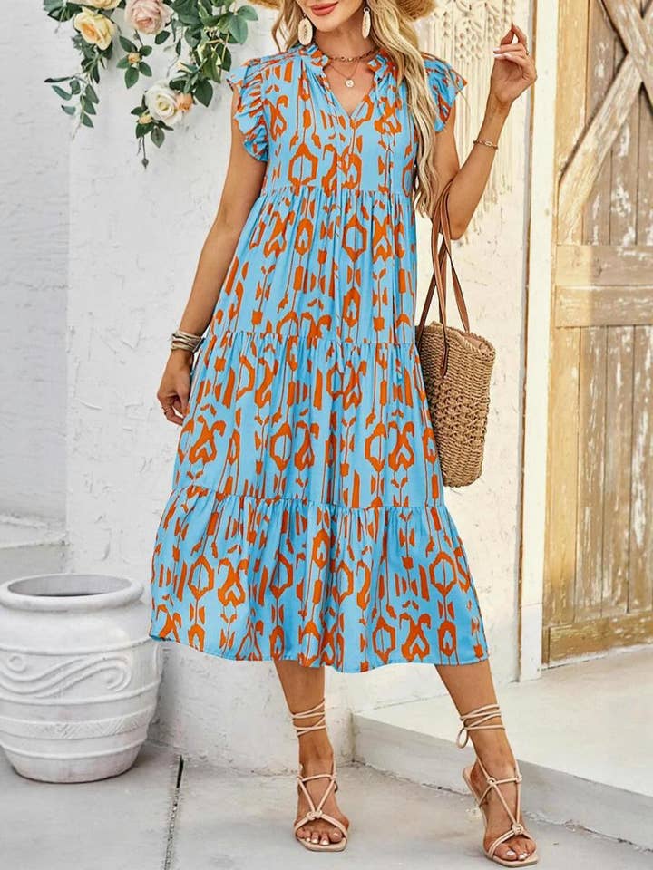 Bohemian print tie-collar tiered dress for wholesale by Rosa Clothing