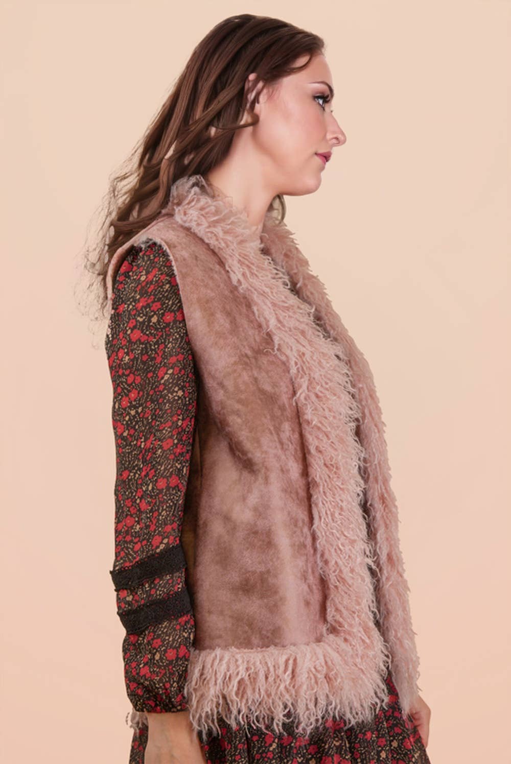 VERY J - Vente Veste sans manches – femme - NJ90398-Gilet Bohème en Suédine Sherpa avec Fausse Fourrure2