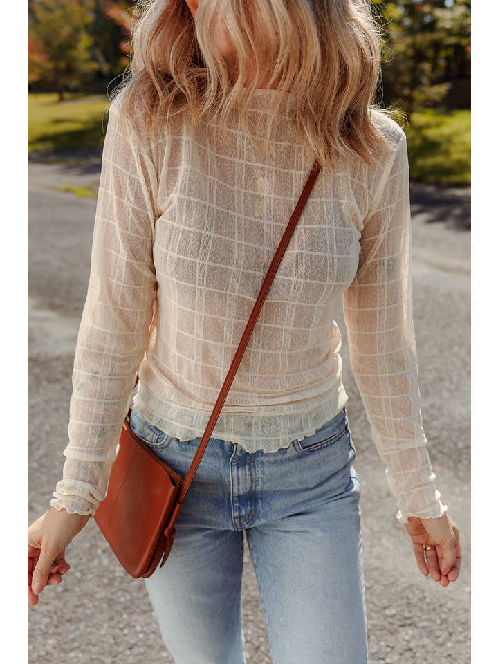 White Plaid Mesh Lettuce Trim Slim Fit Long Sleeve Top | S-XL for wholesale on Faire2