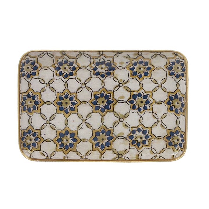 Blue Zellige enamel metal tray 10x15, gold border for wholesale by Maison Lilo