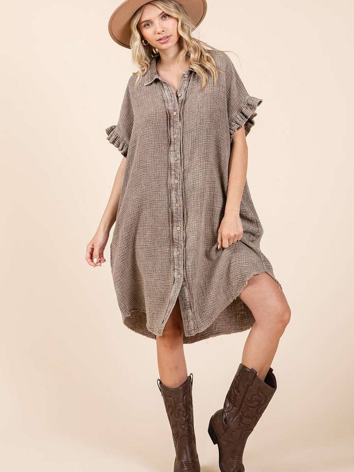 Mini overhemdjurk van mineraalgewassen katoenen gaas voor wholesale door mittoshop