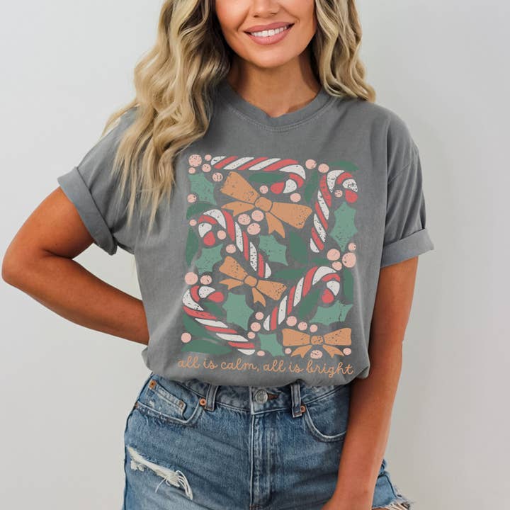 Scripted Pearl - Wholesale Screen Printed T-Shirt - Women's - All Is Calm All Is Bright Comfort Colors Christmas T Shirt3