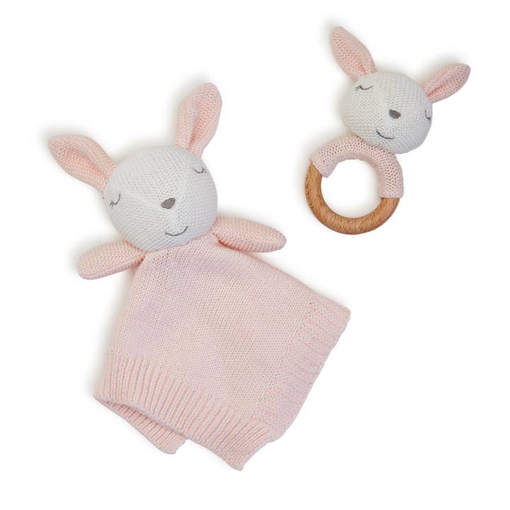 Knitted Baby Bunny Snuggle and Wooden Rattle Set for wholesale by Cupcakes & Cartwheels by Two's Company