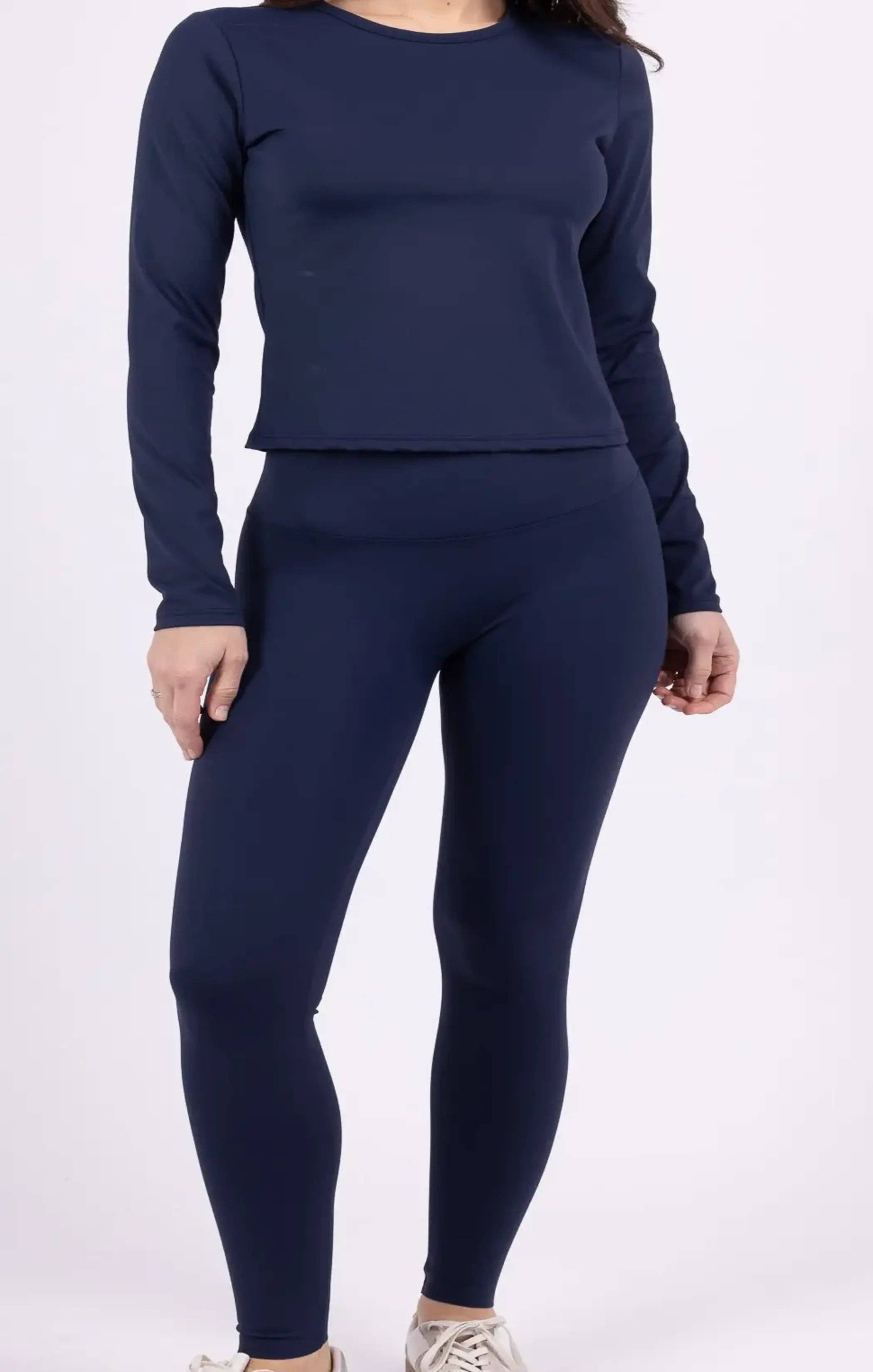 Navy Stretch Long Sleeve Top and Leggings Activewear Set - Elara for wholesale on Faire5
