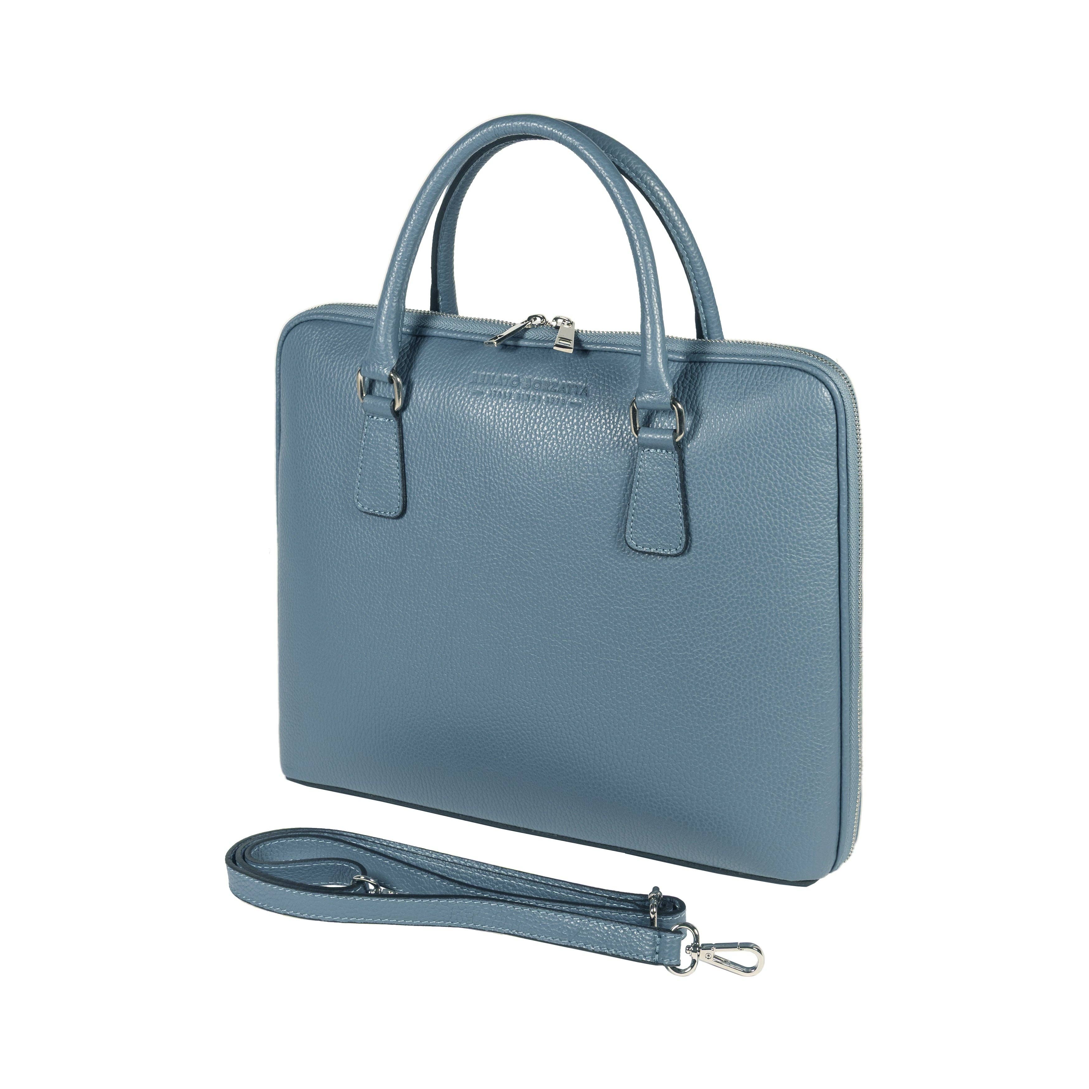 Kaili mood / RENATO BORZATTA - Italy since 1978 - - Wholesale Briefcase - Unisex - RB1019P | Unisex Business Briefcase in Genuine Leather Made in Italy with removable shoulder strap. Shiny Nickel metal carabiner attachments - Avio color - Dimensions: 37 x 29 x 6.5 cm0