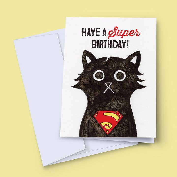 Super Cat Birthday Card, Superhero Birthday Card for wholesale by Baldy And The Fidget