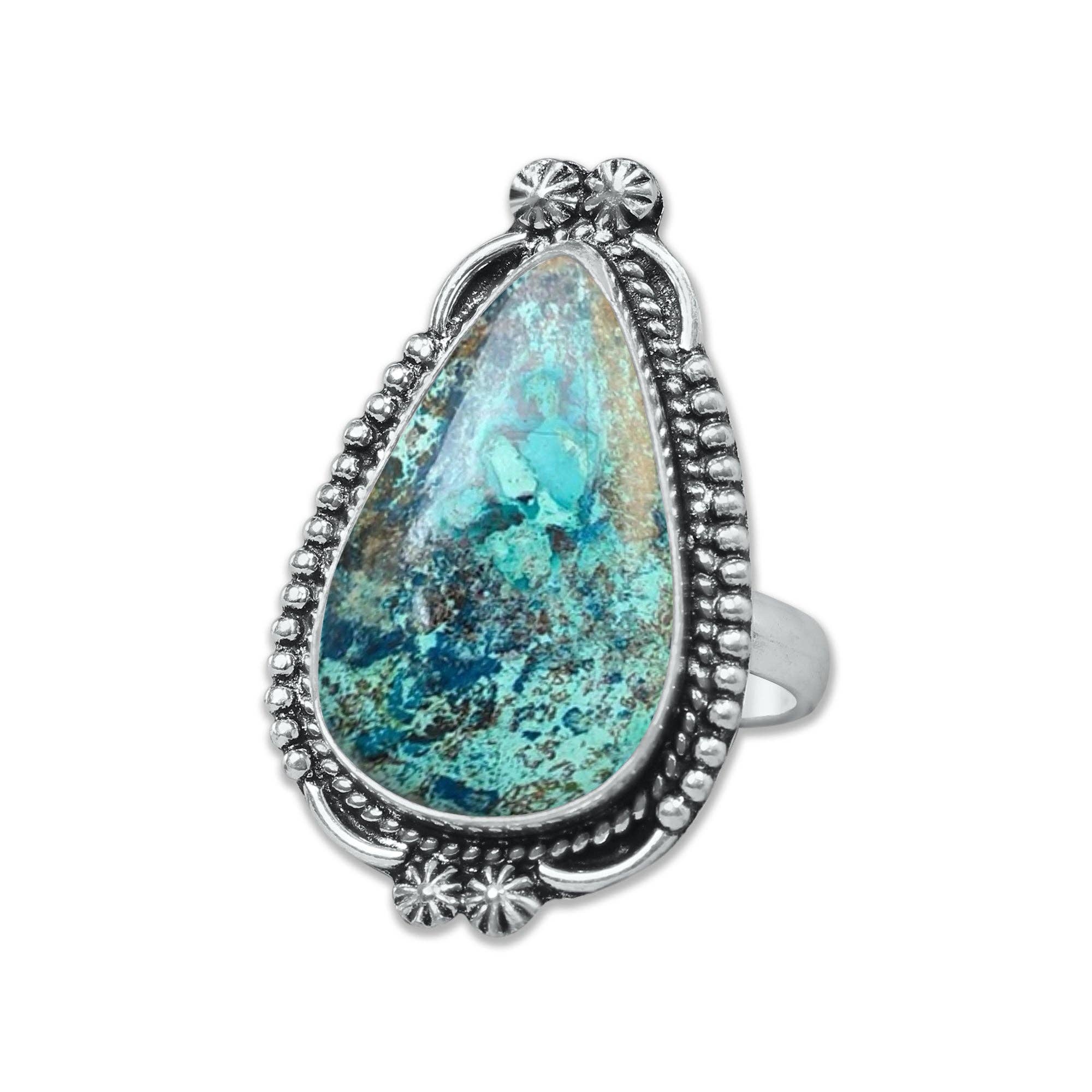 Handmade Jewels – wholesale Cocktail/Statement Ring – Chrysocolla-ringar – Silverpläterade, Handgjorda, Jordnära Havsgröna (US Storlekar 6–10, Tillverkade på Beställning)6