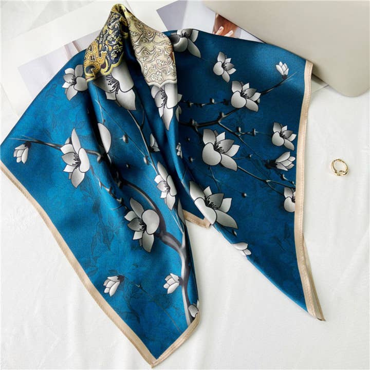 26'' Blue Lock Pattern Mulberry Silk Scarf – Modern Square Silk Shawl for Women, Elegant & Chic Accessory for wholesale by SueSilkHK
