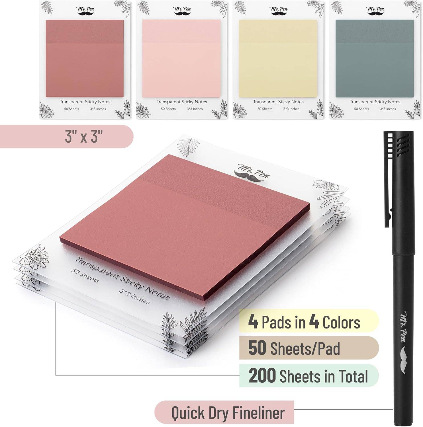 Mr. Pen - Wholesale Sticky Notes - Mr. Pen- Transparent Sticky Notes, 3x3, 200 Sheets,1