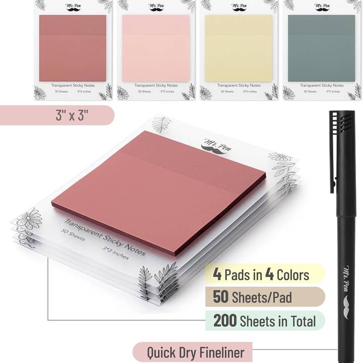 Mr. Pen - Wholesale Sticky Notes - Mr. Pen- Transparent Sticky Notes, 3x3, 200 Sheets,1