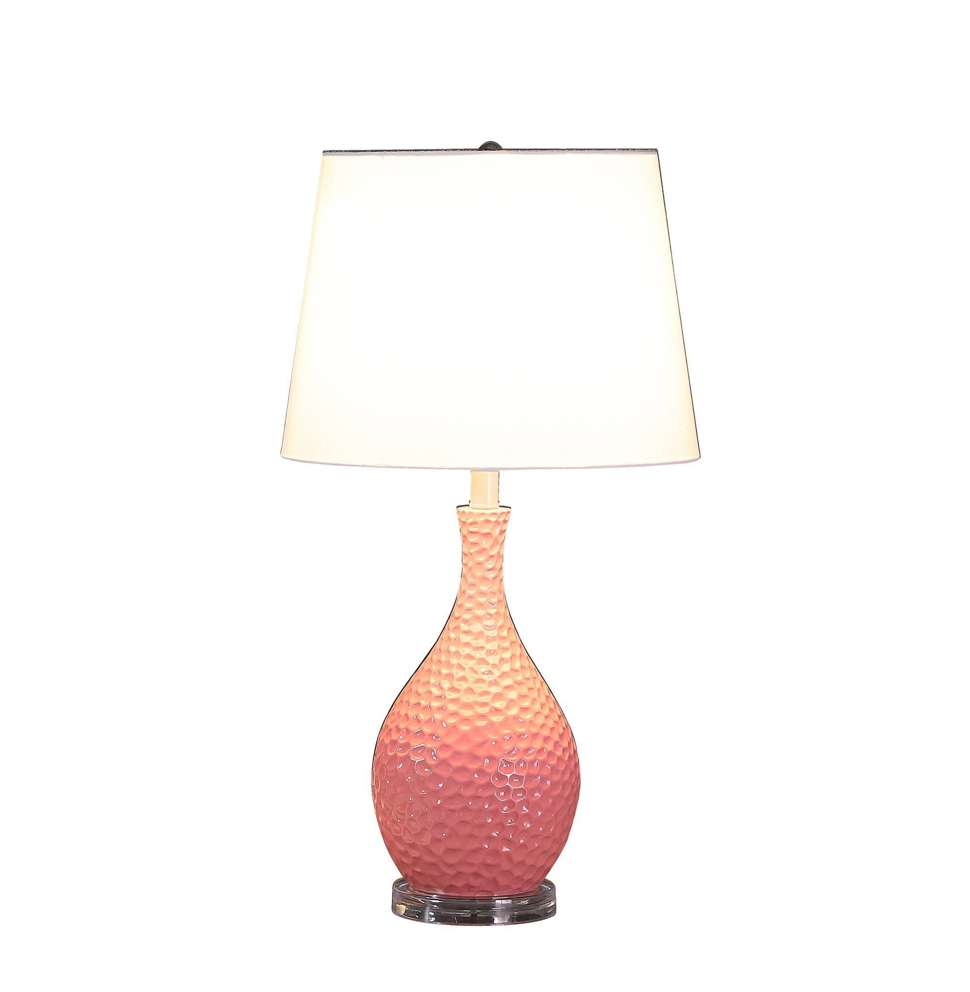 HomeRoots – Engroshandel Skrivebordslampe – 28 „Pink Hammered bordlampe med hvid konisk trommeskærm0