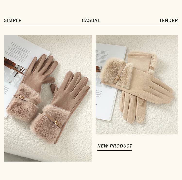 PEACH ACCESSORIES – Luvas - Mulher por atacado – Luvas de Camurça Sintética com Pormenor de Pêlo e Cinto HA3005