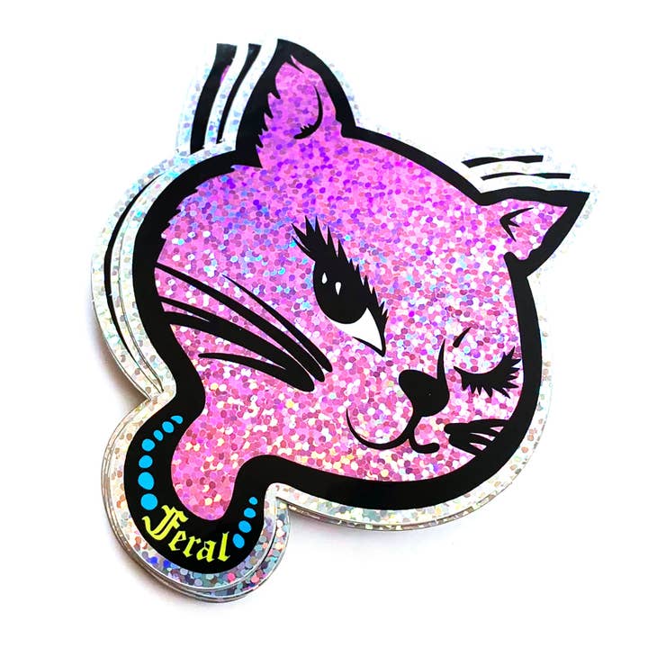 Krystan Saint Cat - Wholesale Sticker - Feral 90s Winking Sassy Cat Holographic Glitter Sticker2