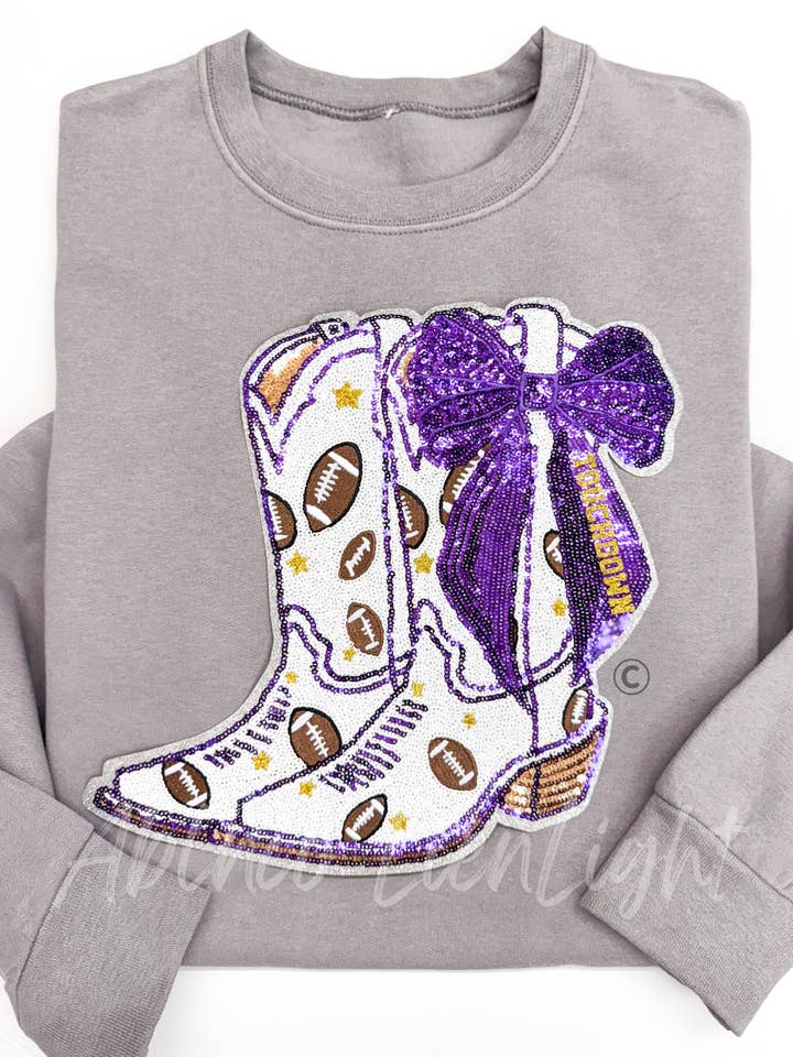 Sequin Purple Football Touchdown Bow Boots Sweatshirt for wholesale by ABLNco