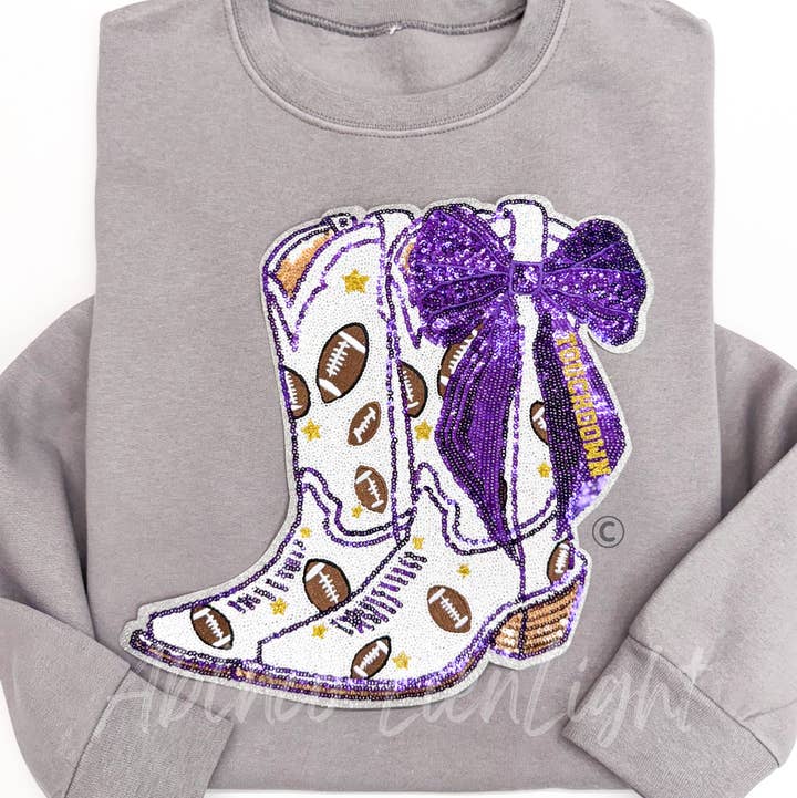 ABLNco - Wholesale Sweatshirt - Women's - Sequin Purple Football Touchdown Bow Boots Sweatshirt
