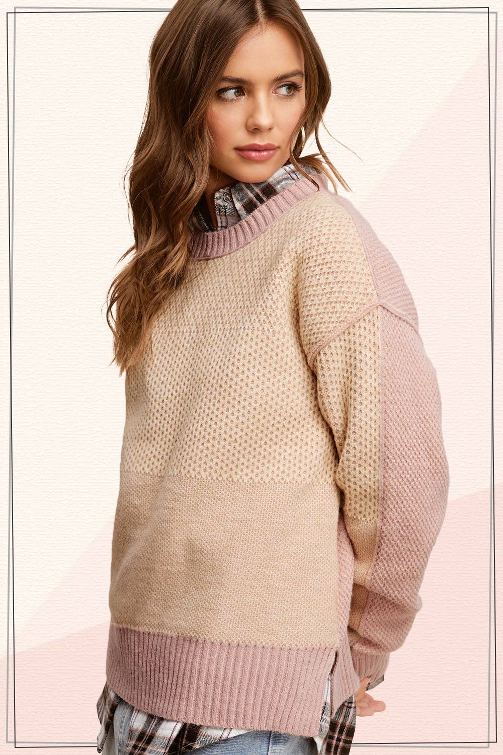 La Miel - Wholesale Knit Sweater - Women's - MCS3556-Loose Fit Color Block Textured Round Neck Sweater 25