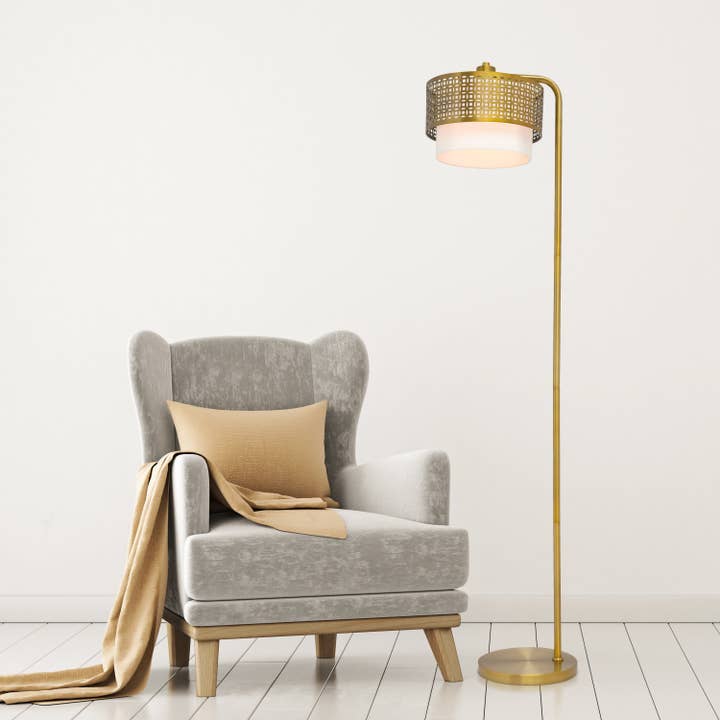 65.25"H Xander Gold & White Drum Shade Floor Lamp for wholesale by River of Goods