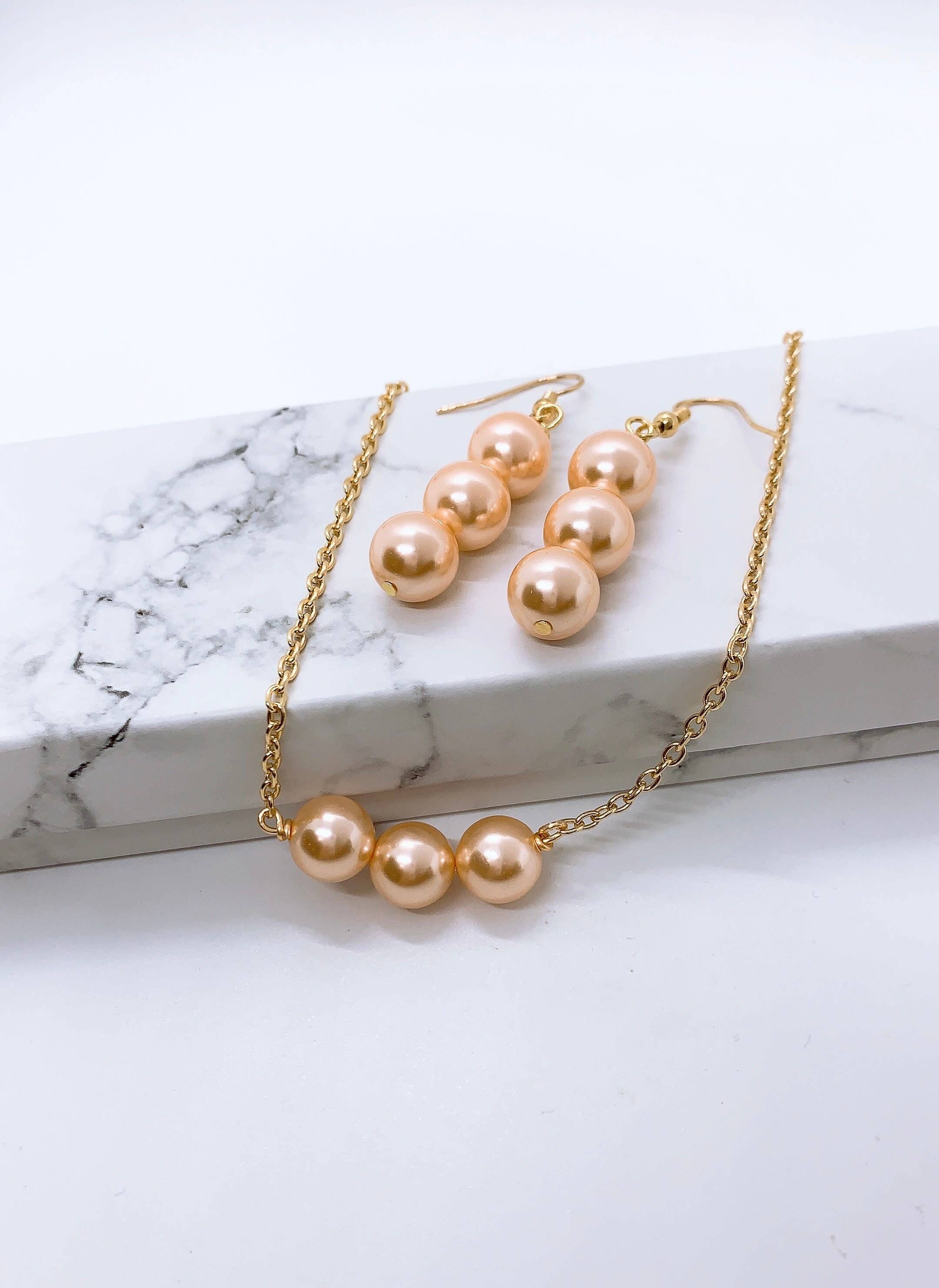 Anela's Jewelry - Wholesale Jewelry Set - 10MM Vertical Triple Shell Pearl: Hamilton Gold Earrings Necklace3