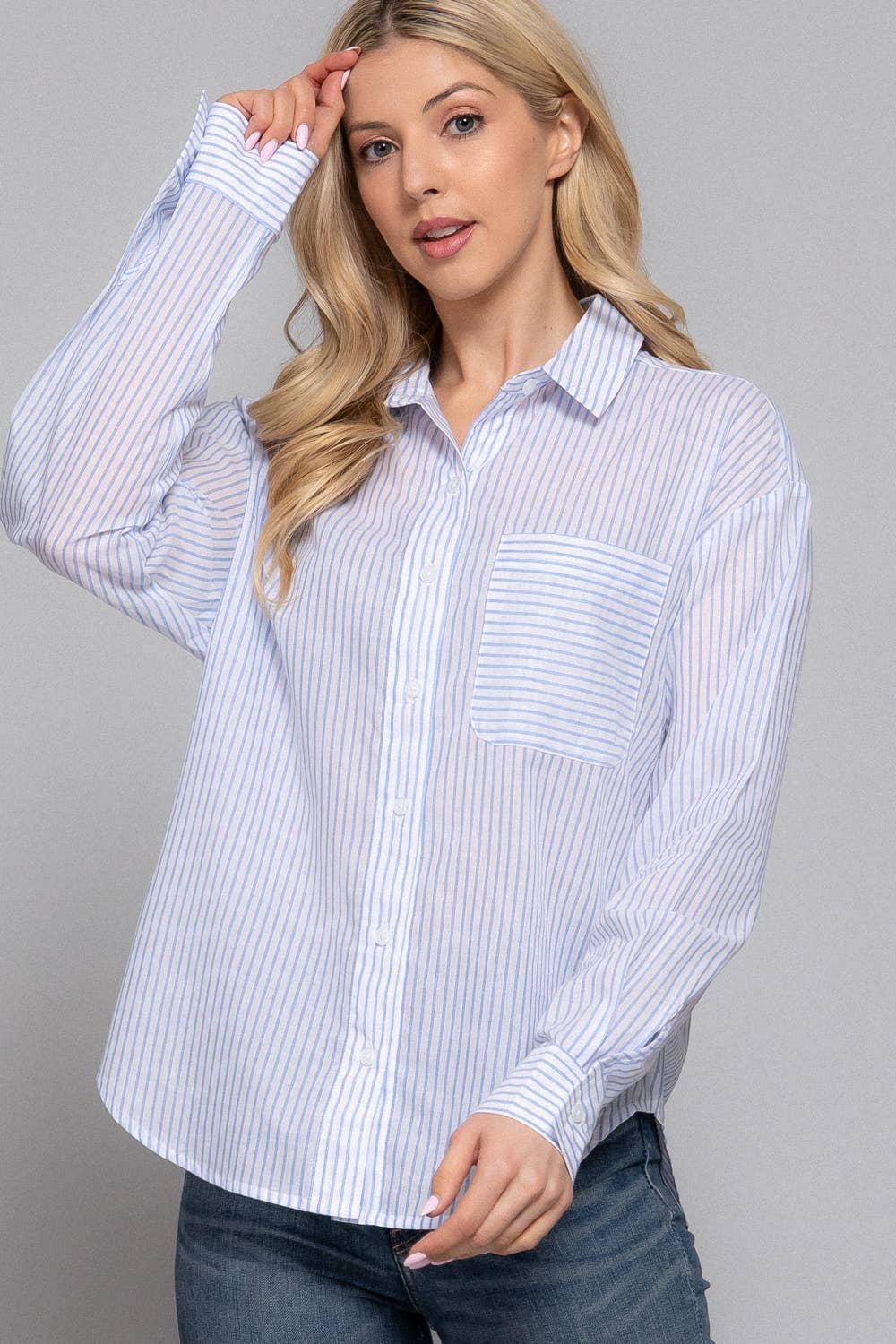 Active Basic | Active USA - Wholesale Button Down Shirt - Women's - Long Sleeve Y/D Stripe Voile Shirt1