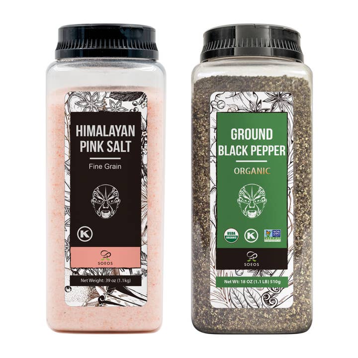 Sal Rosa Soeos, 39oz+Pimenta Preta Moída Orgânica, 18oz por atacado de soeos