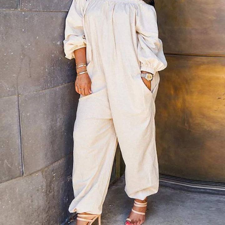 Cotton 3/4 Sleeve Lotus Leaf Sleeve Off Shoulder Jumpsuits Cotton 3/4 Sleeve Lotus Leaf Sleeve Off Shoulder Jumpsuits