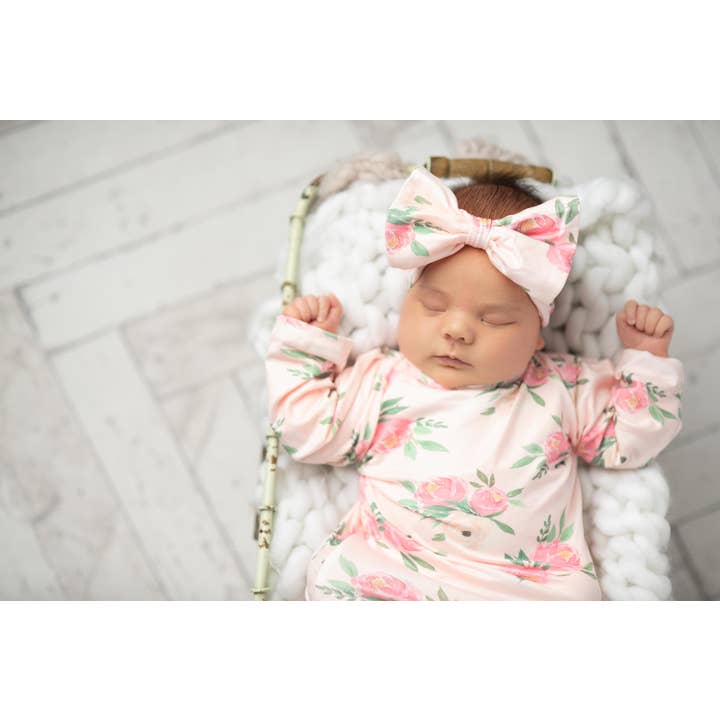 Adorable Sweetness - Wholesale Babygown Set - Baby - Infant Girls Pinky Pink Rose Baby Gown and Bow Headband1