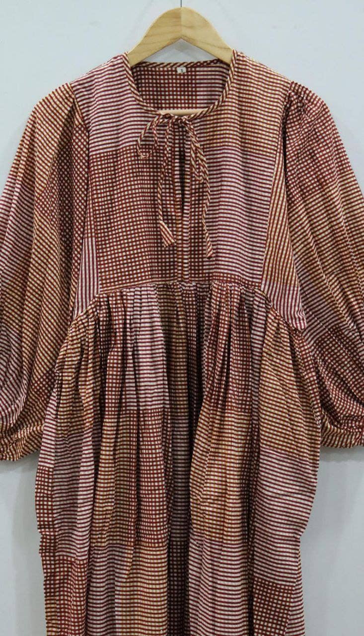 bhavnas boutique – wholesale Dress – Women's – Block Print Midi Dress Mini Dress Striped Long Cotton Dress1