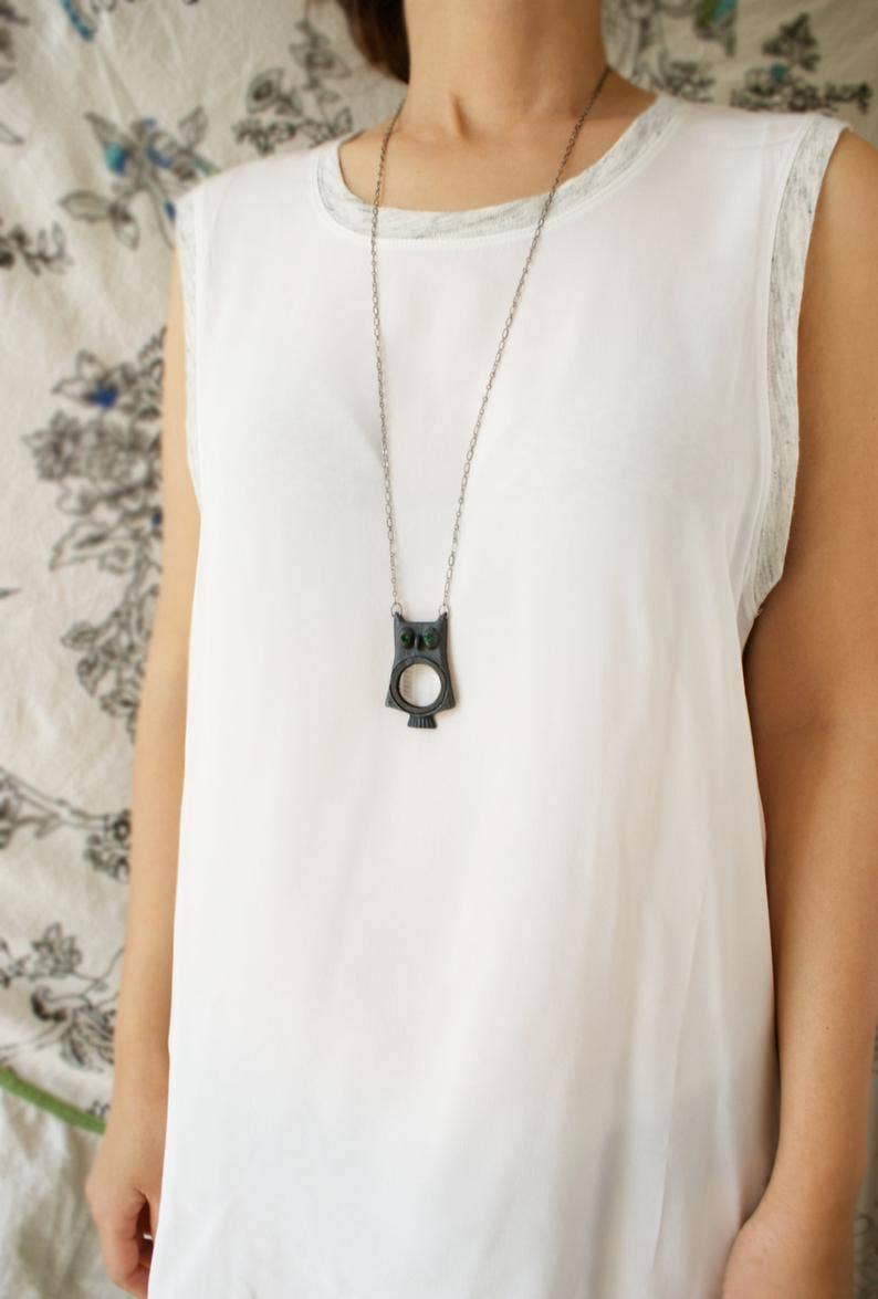 SORA DESIGNS - Wholesale Pendant/Charm Necklace - Owl Magnifying Glass Necklace -Matte Black Version3