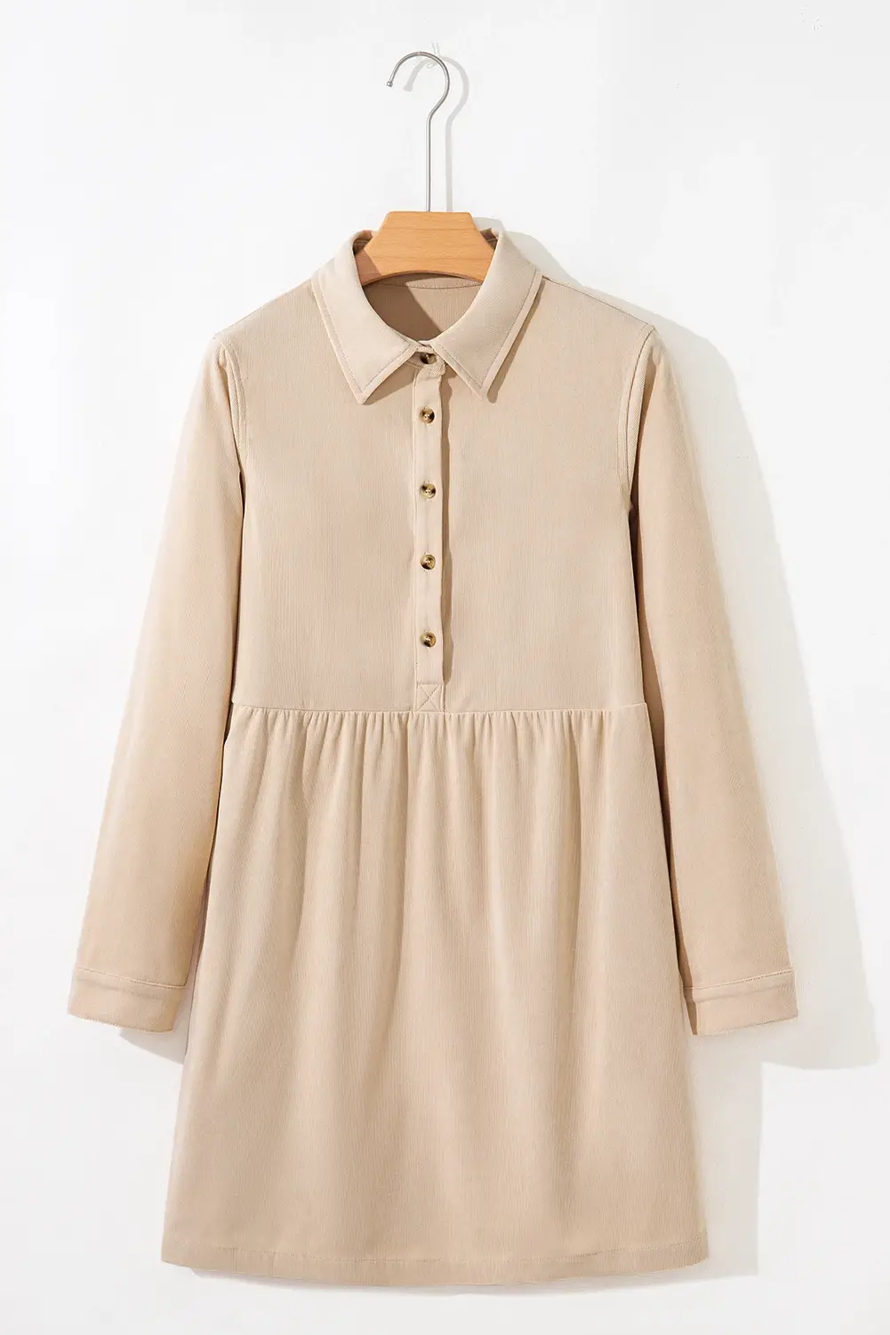 FULL TIME PURCHASE - Wholesale Dress - Women's - Corduroy Half Button Collared Long Sleeve Mini Dress7