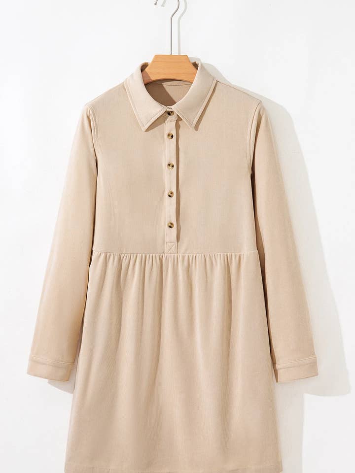 FULL TIME PURCHASE - Wholesale Dress - Women's - Corduroy Half Button Collared Long Sleeve Mini Dress7