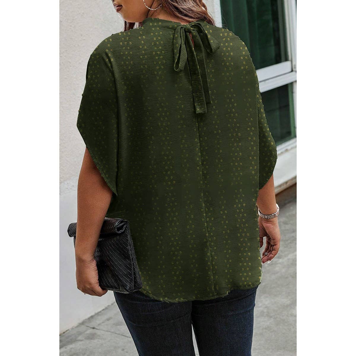Olive Plus Swiss Dot Solid Loose Half Sleeve Blouse for wholesale on Faire2