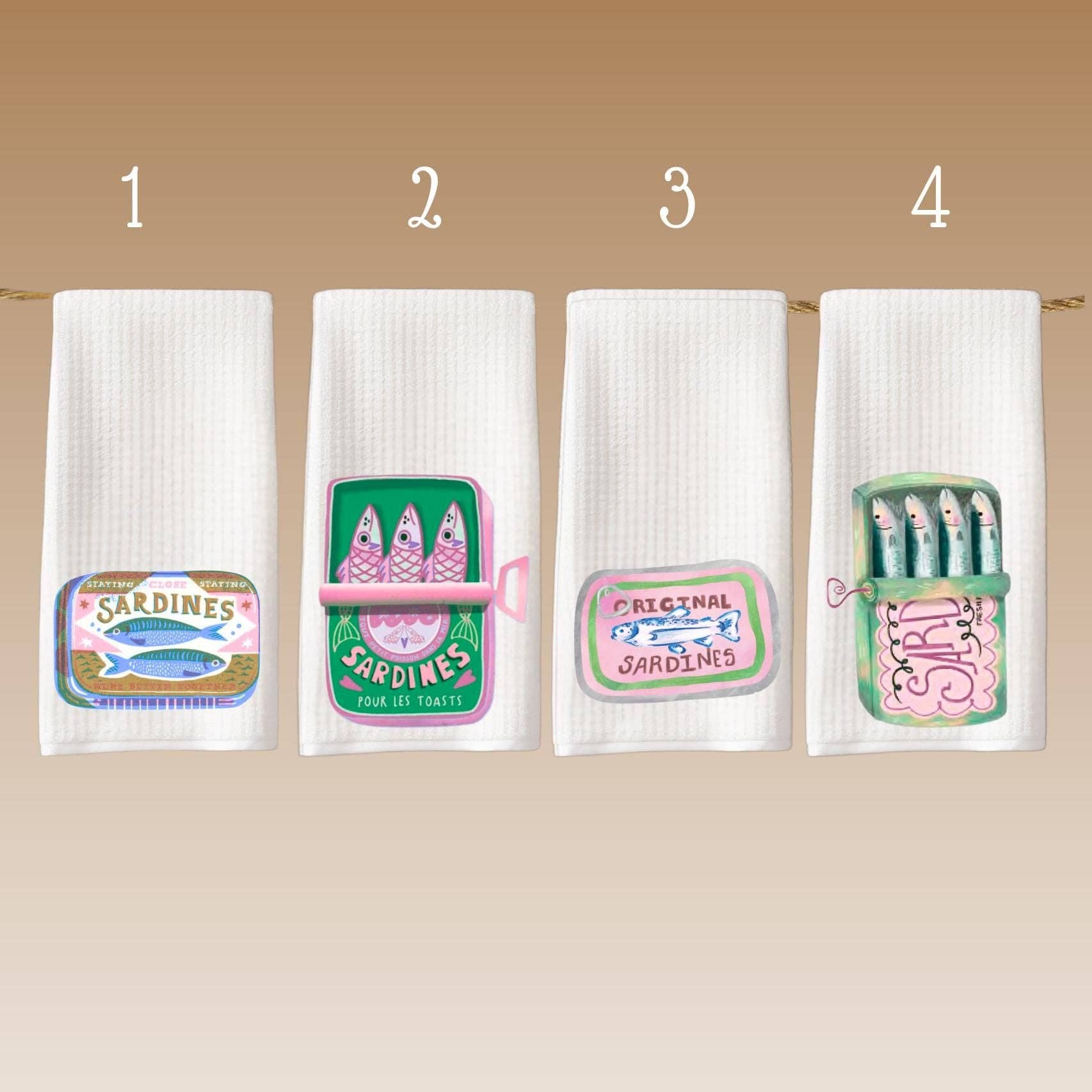 Cottage & Club - Wholesale Tea Towel - Retro Sardine Can Waffle Weave Tea Towel Collection - Fisherman Aesthetic - French Decor - Dopamine Decor - Colorful Coastal Kitchen Decor3