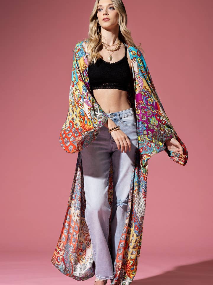 Kimono Valentina Ultra Longo com Estampas Coloridas por atacado de Urbanista
