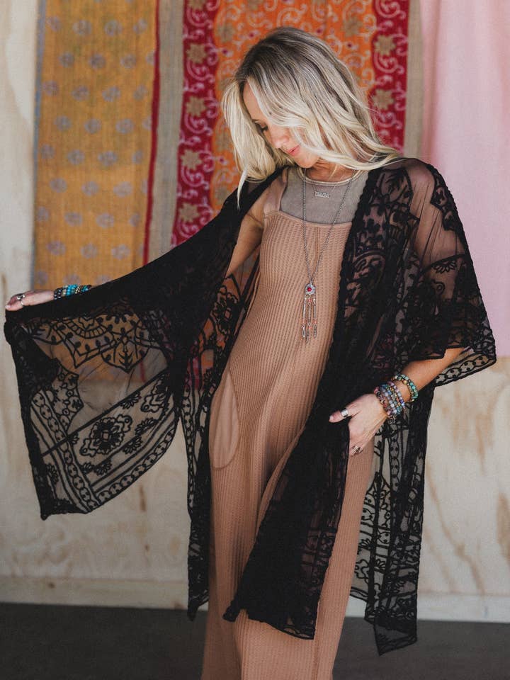 Go Wildflower Floral Embroidered Kimono - Black for wholesale by Three Bird Nest