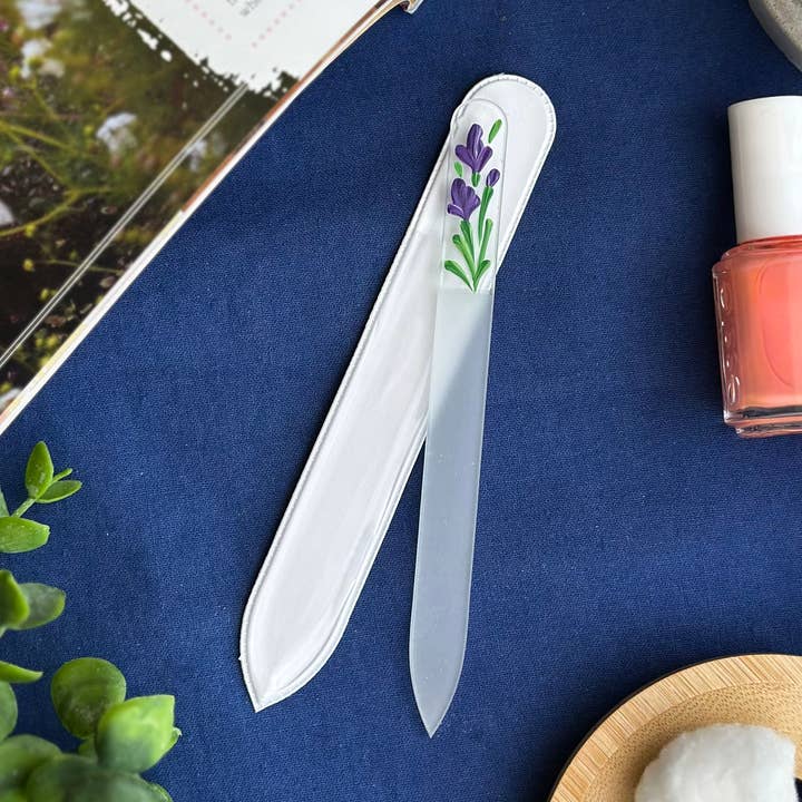 Hand Painted Glass Nail File - Purple Iris for wholesale by Blue Lemon Art