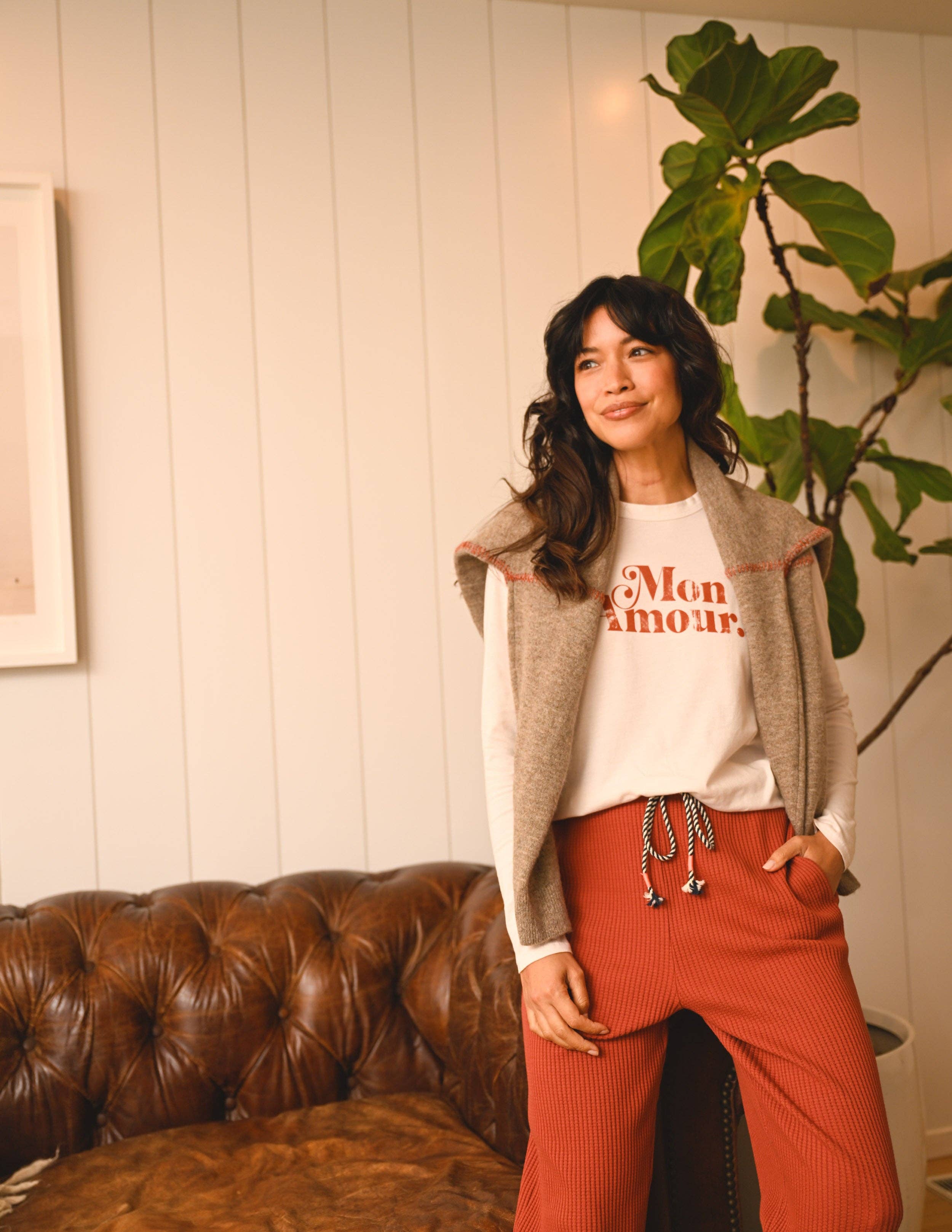 Sundry Mon Amour Long Sleeve Crew in Oyster for wholesale on Faire2