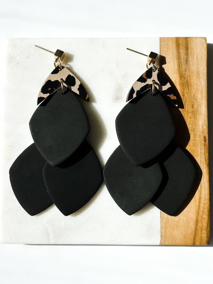 Valentina | Black & Leopard | Polymer Clay Triple Drop Chand for wholesale by Aves + Brit | Handmade Midwest Modern Jewelry