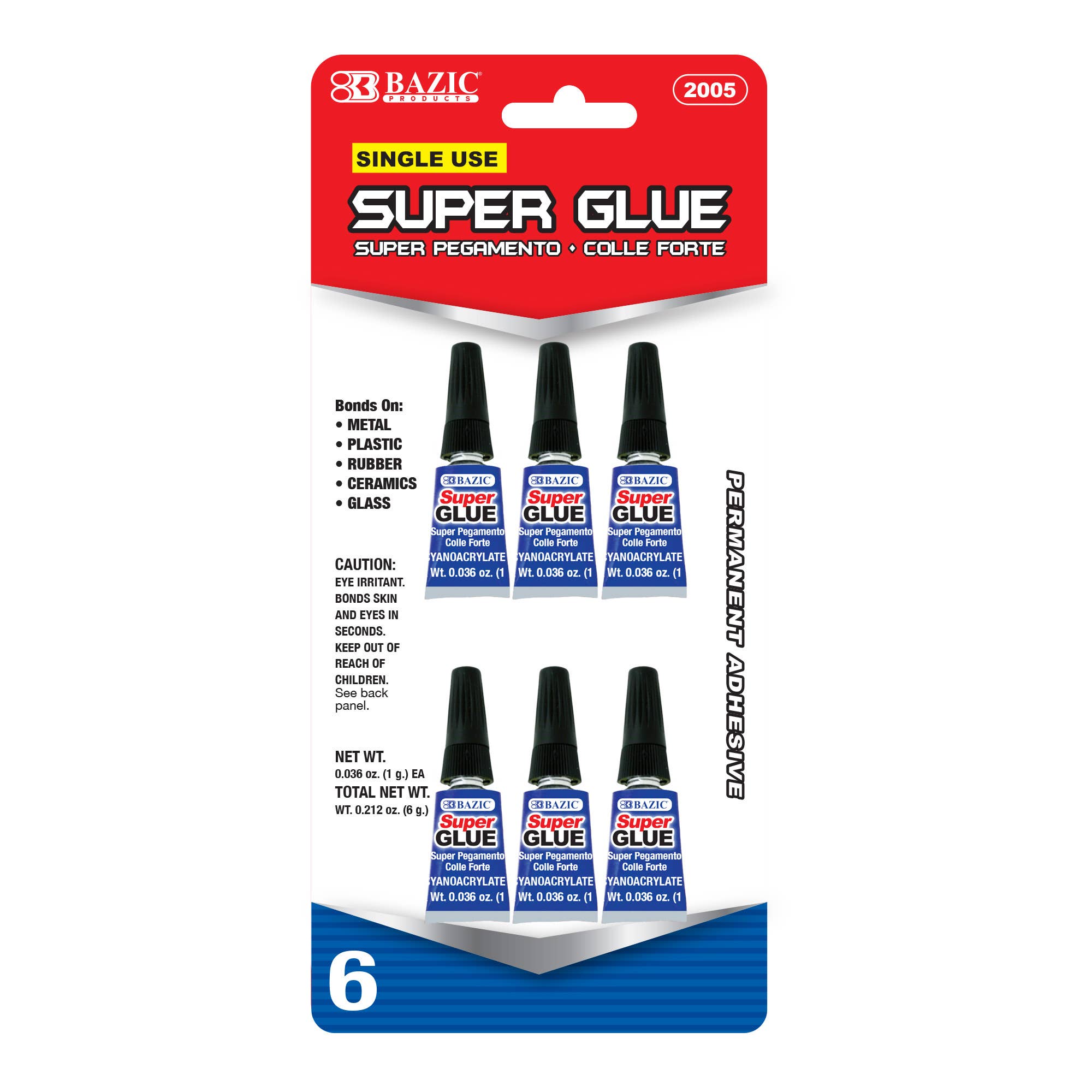 BAZIC Products - Wholesale Glue - Super Glue 0.036 oz Single Use (1g)(6/Pack)0