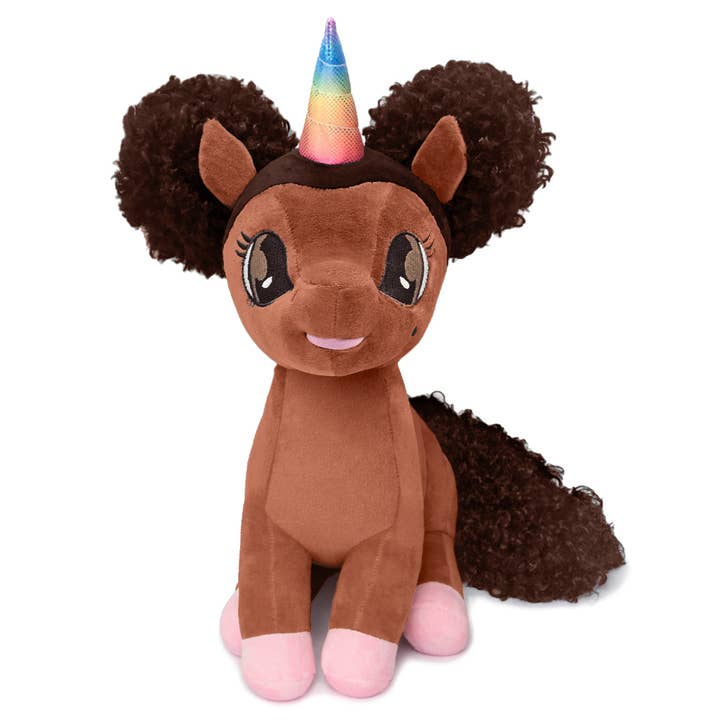 Dominique Unicorn Plyslegetøj med Afro Puffer - 15 tommer for engroshandel hos YOUnicorn Kidz