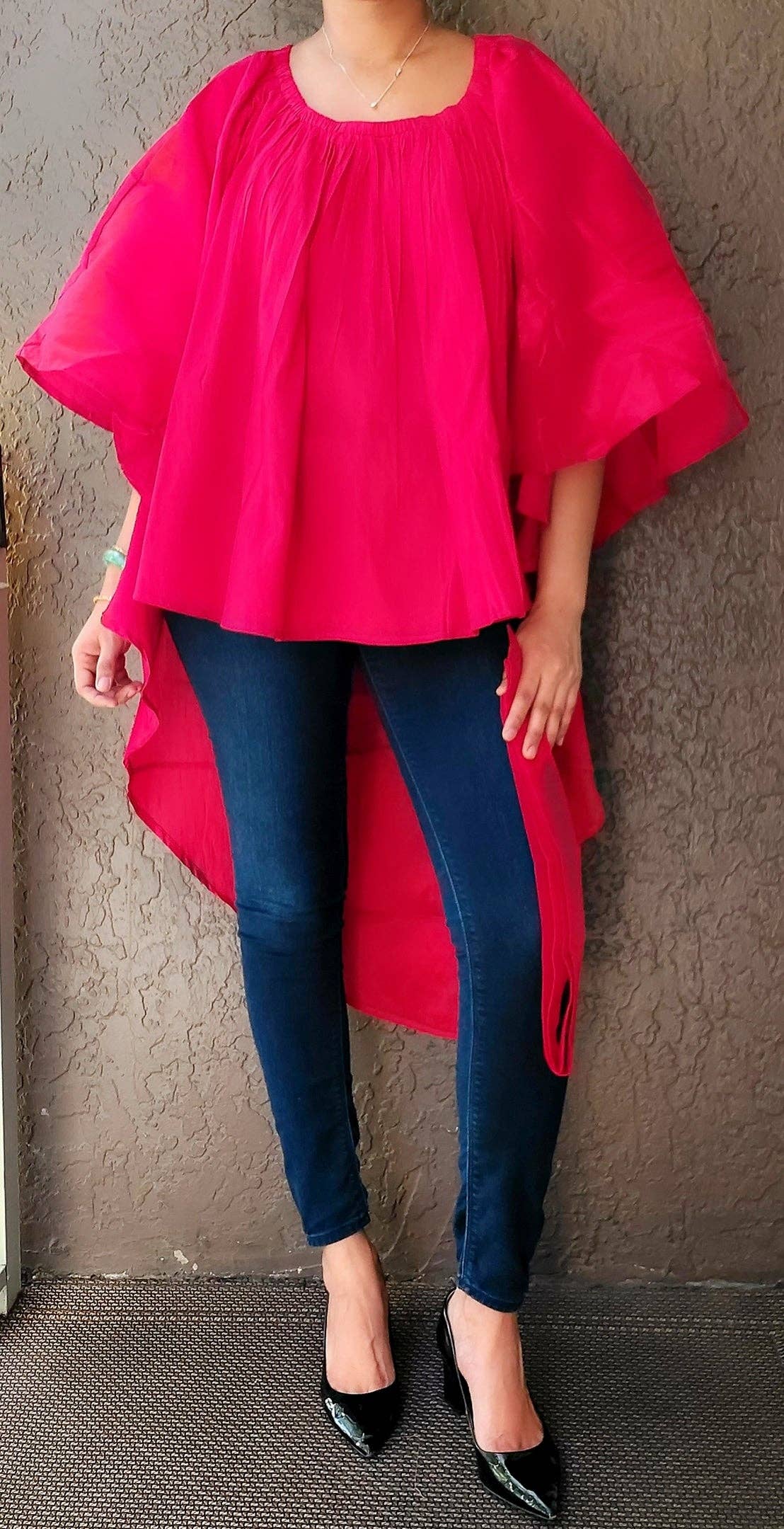 India Batik - Venta al por mayor Blusa - Mujer - Blusa Poncho / Falda Hi Lo / Multiuso / Rojo Sólido3